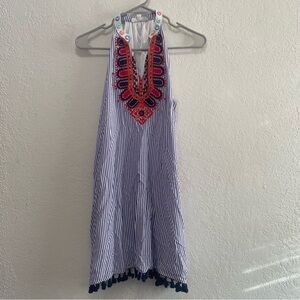 THML Womens Striped Embroidered Shift Dress Sz Small Blue White Sleeveless Lined